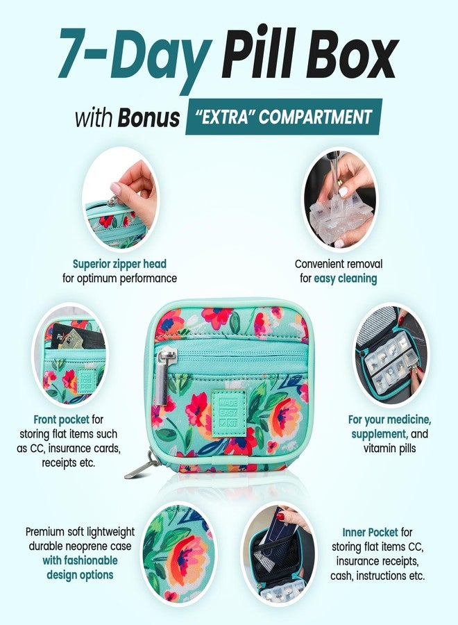 Made Easy Kit Pill Case for Everyday and Travel - 7-Day Weekly Medicine Supplement Vitamin Organizer Sorter Tracker - Neoprene Bag with Pockets - Compact Portable 8 Compartments (Teal) - Image 5